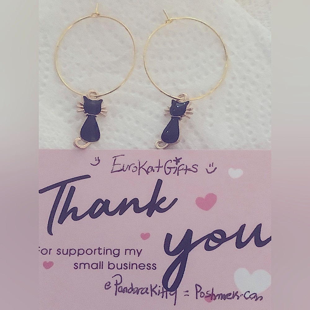Hand Crafted Gold Hoop Earrings with Black Cat Charms